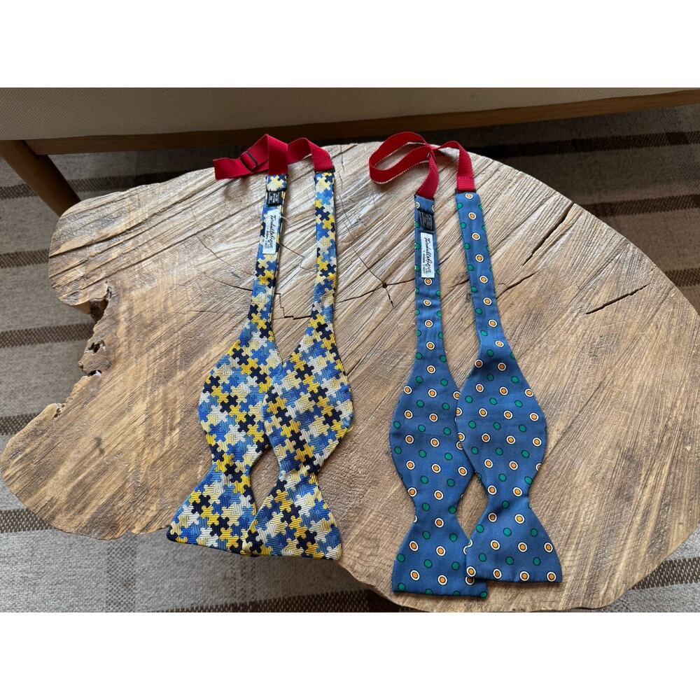 Turnbull Asser Silk Bow Tie Lot Of 2 Puzzle Polka Dot Blue Yellow